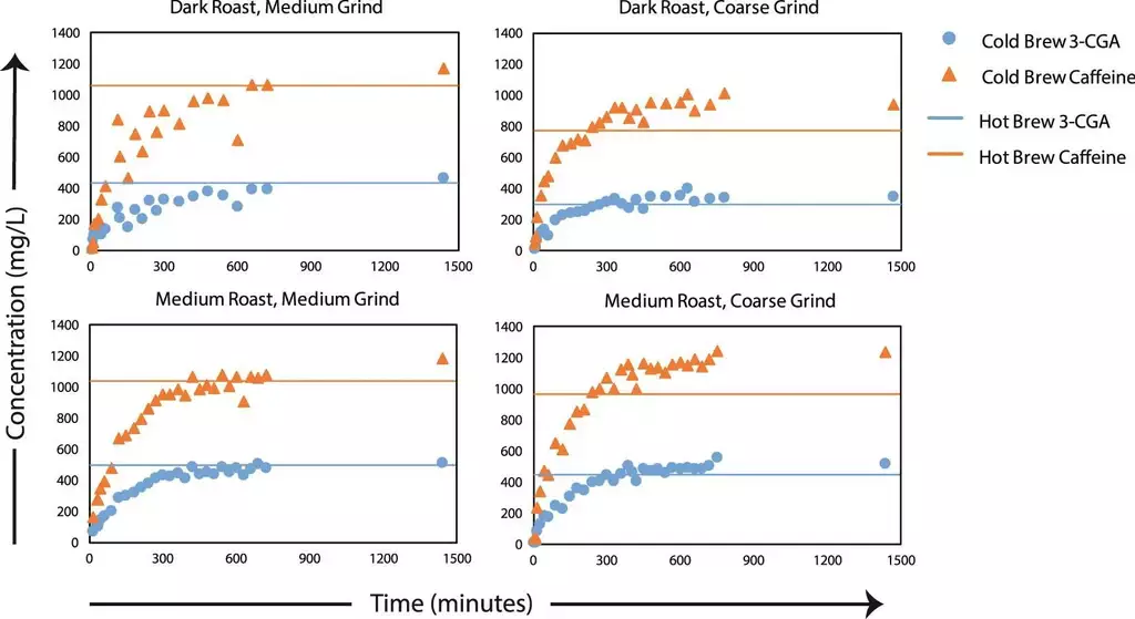 Caffeine graph of concentration and time - cold brew vs hot brew