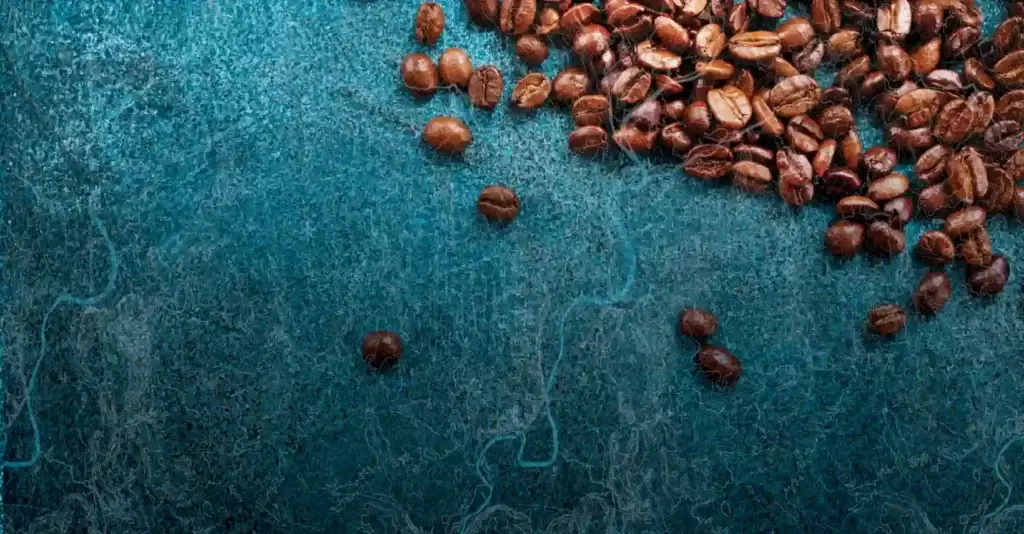 Fifty5 Rivers Beans with a textured river background and coffee beans